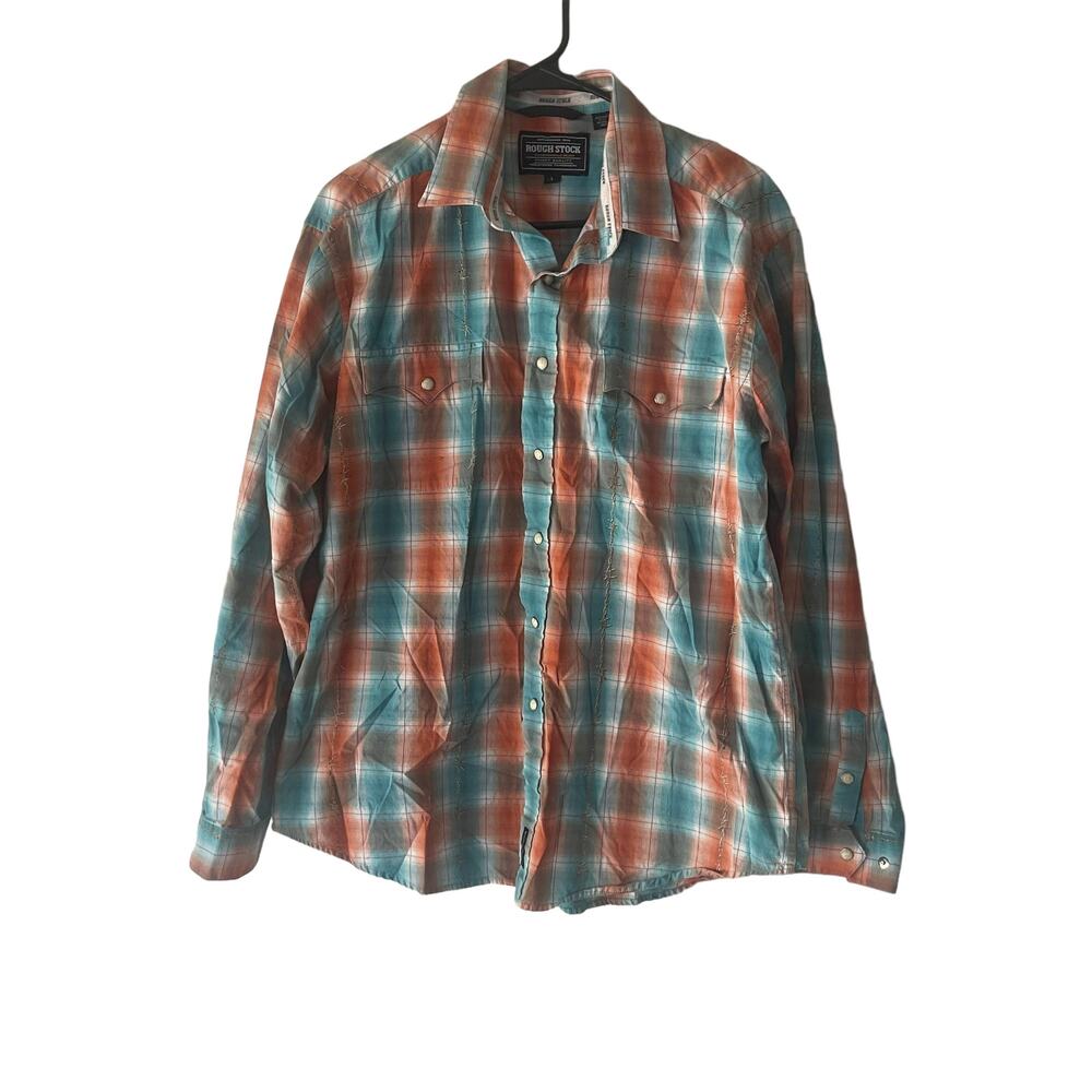 Rough Stock Panhandle Men Large Orange Blue‎ Pearl Snap Western Shirt